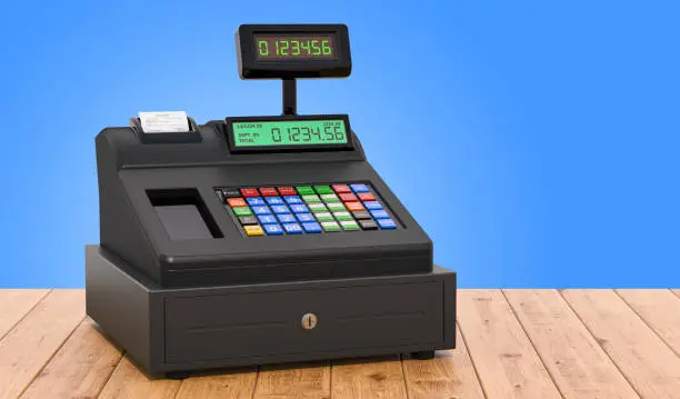 Cash register on the wooden table, 3D rendering