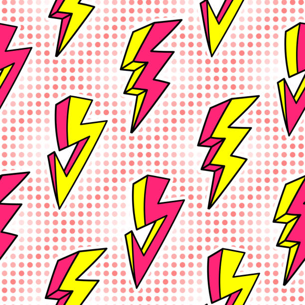 ilustrações de stock, clip art, desenhos animados e ícones de lightning strikes seamless pattern in retro cartoon 80s style. thunder lights wallpaper. pop art background. - contemporary style flash