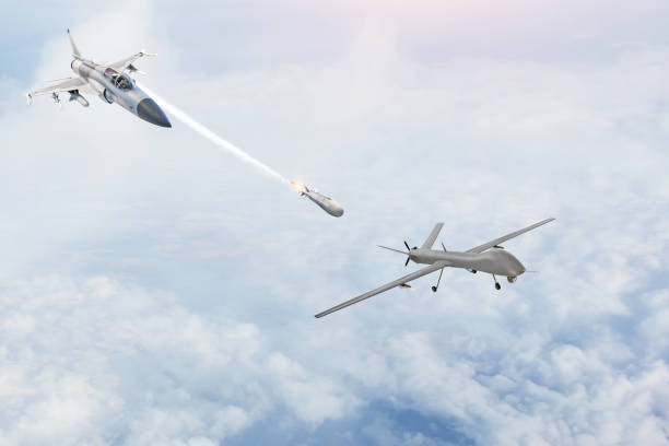 istock Combat fighter launches missiles at a target - uav unmanned military drone. Conflict, war. Aerospace forces. 1124249064