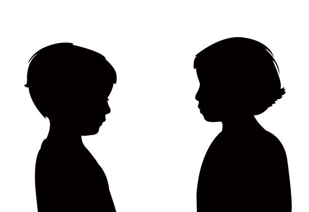 ilustrações de stock, clip art, desenhos animados e ícones de two children making chat, silhouette vector - silhuetas de crianças