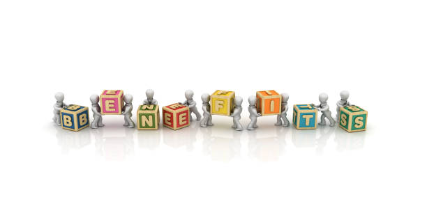 istock Business People Carrying BENEFITS Buzzword Cubes - 3D Rendering 1124259870