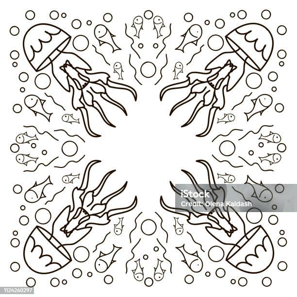 Swirl Of Jellyfish Drawn In Line Art Style Ocean Card In Black And White Colors Stock Illustration - Download Image Now