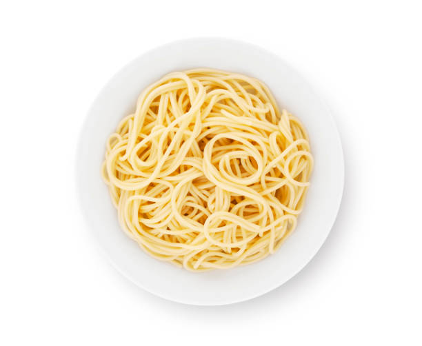 Pain Spaghetti on Plate Plate of plain spaghetti isolated on white (excluding the shadow) Cooked Pasta stock pictures, royalty-free photos & images