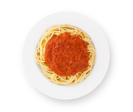 Spaghetti bolognese on plate isolated on white (excluding the shadow)