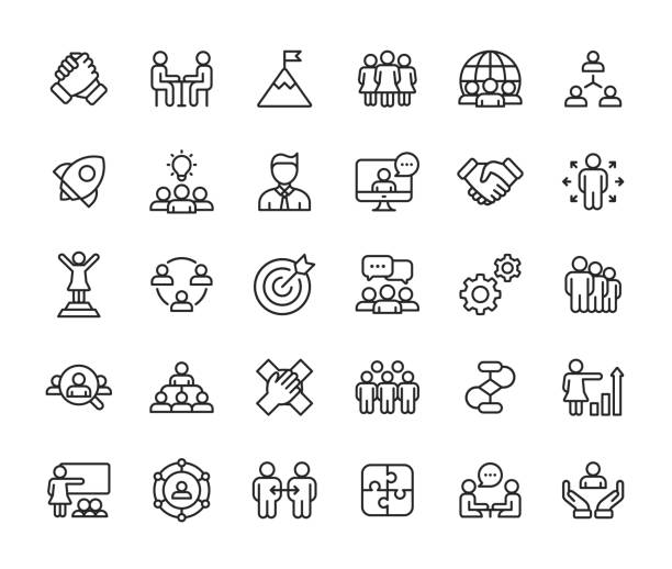 Teamwork Line Icons. Editable Stroke. Pixel Perfect. For Mobile and Web. Contains such icons as Leadership, Handshake, Recruitment, Organizational Structure, Communication. Outline Icon Set. social issues stock illustrations