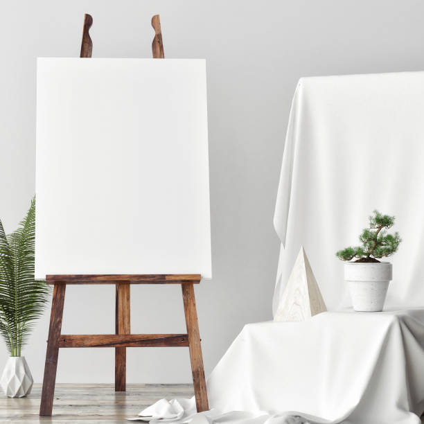 Mock up Canvas in artistic studio, two rose poufs, 3d render, 3d illustration