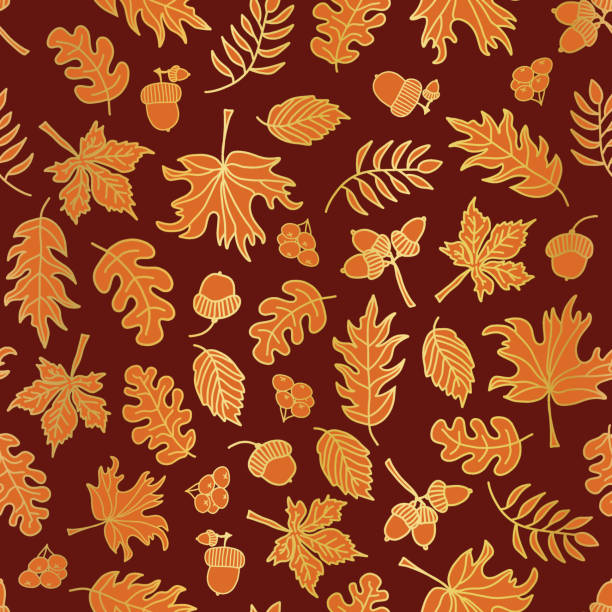 żołądź, dąb, klon złota folia jesień pozostawia bezszwowe tło wektorowe. złote i pomarańczowe abstrakcyjne kształty liści upadku na czerwonym tle. elegancki wzór na święto dziękczynienia, cyfrowy papier, impreza, zaproszenie - thanksgiving maple leaf abstract autumn stock illustrations
