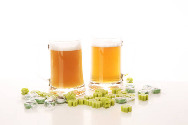 st patricks day with Beer on a table. Saint celebration with lucky shamrock bonbon