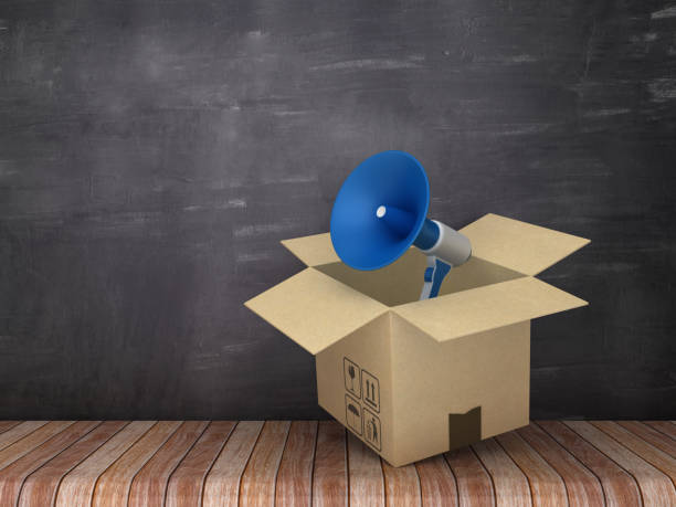 istock Cardboard Box with Megaphone on Wood Floor - Chalkboard Background - 3D Rendering 1124265451