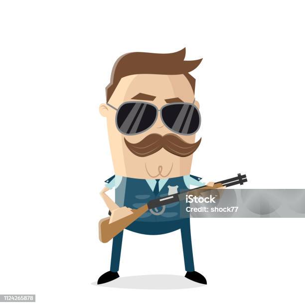 Funny Cartoon Policeman Bulletproof Vest And Shotgun Stock Illustration - Download Image Now