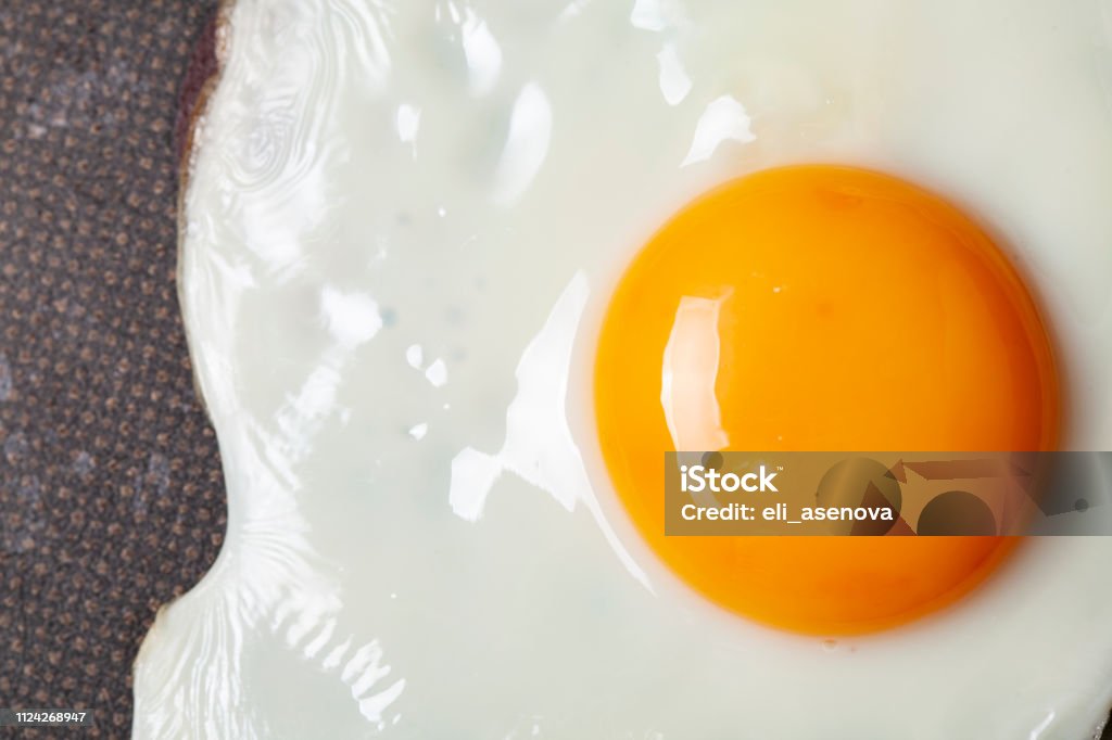 Fried egg in pan macro Macrophotography Stock Photo