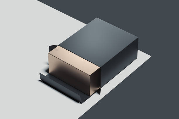 istock Black cardboard box golden inside on monochrome background. 3d rendering. 1124272210