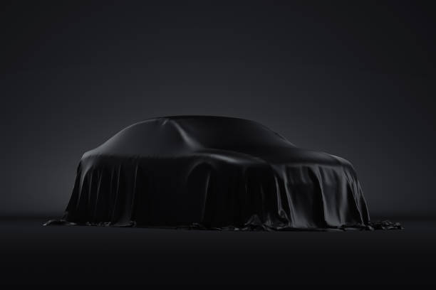 Presentation of the car covered with a black cloth. 3d rendering stock photo