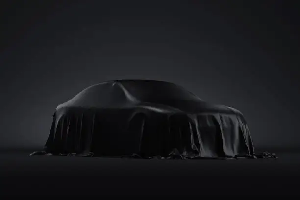 Presentation of the car covered with a black cloth on dark background. 3d rendering