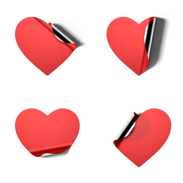 Red realistic stickers in the form of heart on white background. 3d rendering.