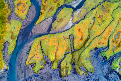 Aerial view of abstract shapes of rivers and streams, Snaefellsnes Peninsula, Iceland