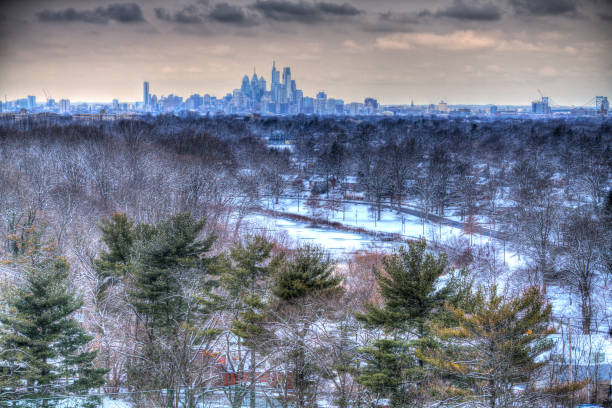 Center City Philadelphia Skyline on a Snowy Day Center City Philadelphia Skyline on a Snowy Day philadelphia winter stock pictures, royalty-free photos & images