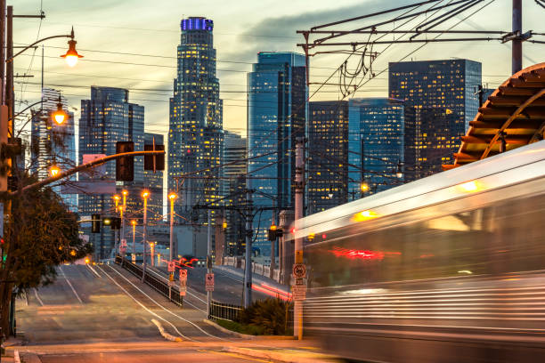 Los Angeles subway and skyline in the background