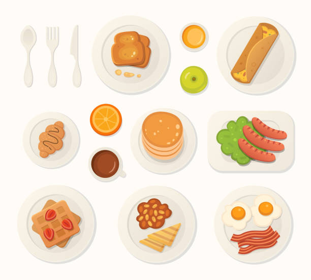 illustrations, cliparts, dessins animés et icônes de vue de dessus des aliments frais de petit-déjeuner et des boissons. petit déjeuner repas vector ensemble. - waffle sausage breakfast food