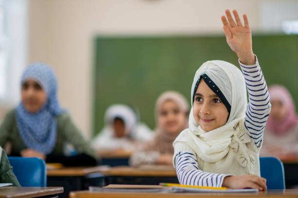 istock Muslim girl raising her hand 1124283522