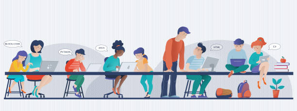 Banner - kids learning computer science in class Kids learn coding banner, computer science lesson in classroom, people working on laptops, vector illustration. Banner with kids working on computers - kids in class, male teacher, mom helping daughter computer programming desk stock illustrations