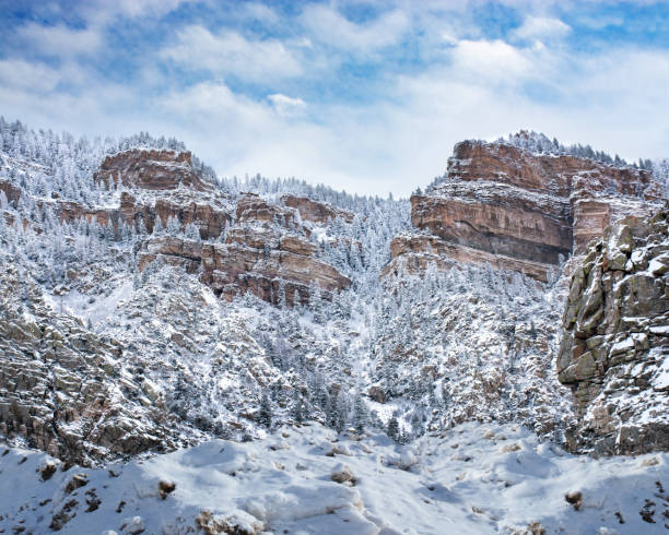 Beautiful winter mountain scenery.Snow capped mountains and trees. Canyon, Glenwood Springs, Colorado, USA.