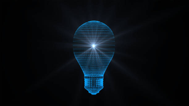 istock Light bulb consisting of points and network connection lines and spheres with light flare in energy power, electricity, technology and business concept. 3d abstract graphic design illustration 1124297416
