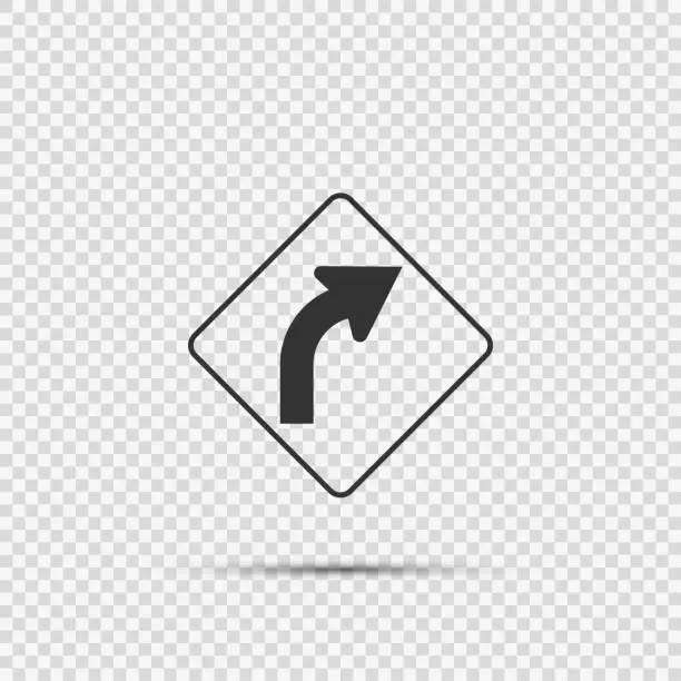 Vector illustration of Right Curve Ahead Sign on transparent background