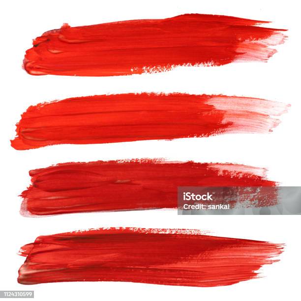 Set Of Red Stroke Brushes Isolated On White Stock Photo - Download Image Now - Paint, Paintbrush, Red