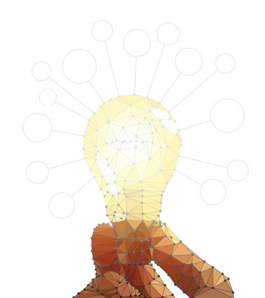 ilustraciones, imágenes clip art, dibujos animados e iconos de stock de formas geométricas abstractas de mano que sostiene la bombilla y estallar burbujas de icono - alternative energy data fuel and power generation light bulb