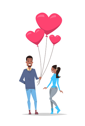 man giving woman pink heart shape air balloons happy valentines day holiday concept african american couple in love full length vertical isolated vector illustration