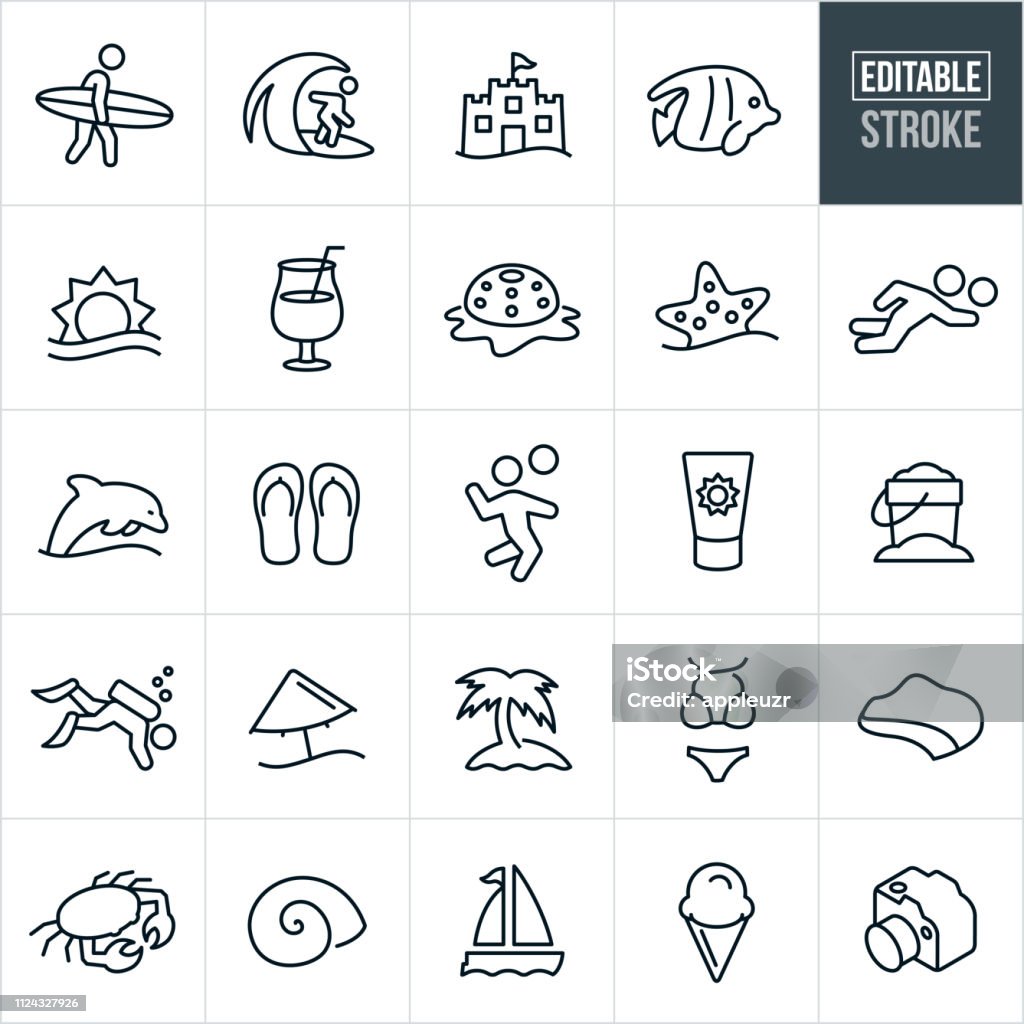 Summer Beach Line Icons - Editable Stroke A set of beach icons that include editable strokes or outlines using the EPS vector file. The icons include a beach, surfer, surfing, sand castle, tropical fish, sun, ocean, sea, tropical drink, starfish, beach volleyball, dolphin, sea-life, flip flops, sunscreen, sand pail, scuba diving, beach umbrella, palm tree, bikini, coastline, crab, sea shell, sail boat, ice cream and camera to name a few. Sandcastle - Structure stock vector