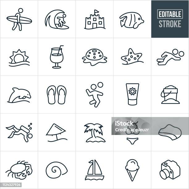 Summer Beach Line Icons Editable Stroke Stock Illustration - Download Image Now - Sandcastle - Structure, Icon Symbol, Vector