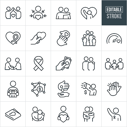 A set of charitable giving icons that include editable strokes or outlines using the EPS vector file. The icons include donations, people in need, needy, poor, awareness ribbon, charity and relief work, recipient, heart, love, concern, family, giving, goal, fellowshipping, arm around shoulder, gift, money, high five, hug and volunteer to name a few.