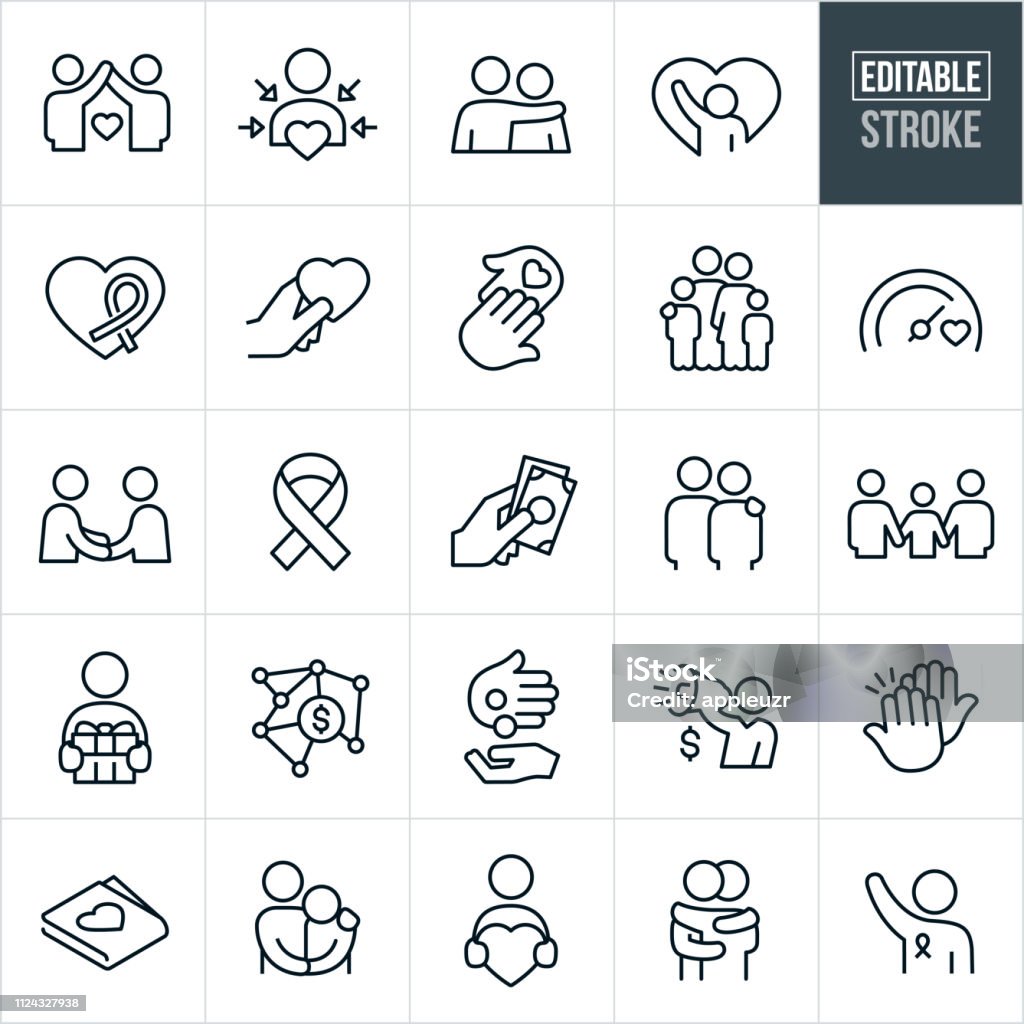 Charitable Giving Line Icons - Editable Stroke A set of charitable giving icons that include editable strokes or outlines using the EPS vector file. The icons include donations, people in need, needy, poor, awareness ribbon, charity and relief work, recipient, heart, love, concern, family, giving, goal, fellowshipping, arm around shoulder, gift, money, high five, hug and volunteer to name a few. Icon Symbol stock vector