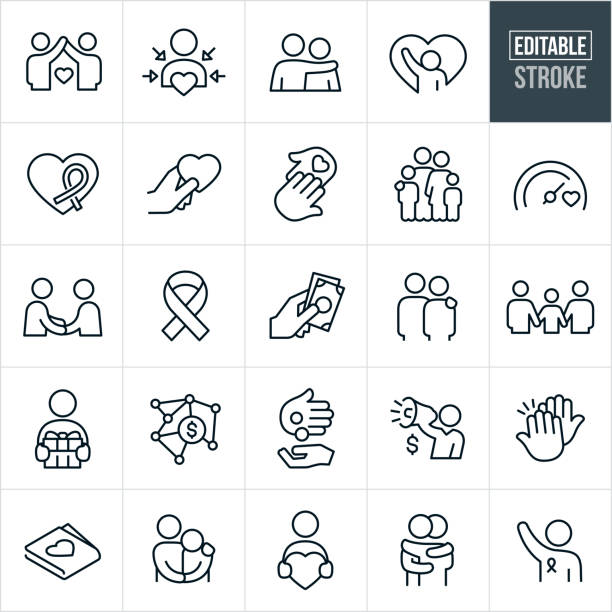 Charitable Giving Line Icons - Editable Stroke A set of charitable giving icons that include editable strokes or outlines using the EPS vector file. The icons include donations, people in need, needy, poor, awareness ribbon, charity and relief work, recipient, heart, love, concern, family, giving, goal, fellowshipping, arm around shoulder, gift, money, high five, hug and volunteer to name a few. charity benefit stock illustrations