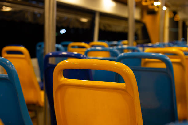 istock Yellow and blue seats in a ferry boat 1124329395