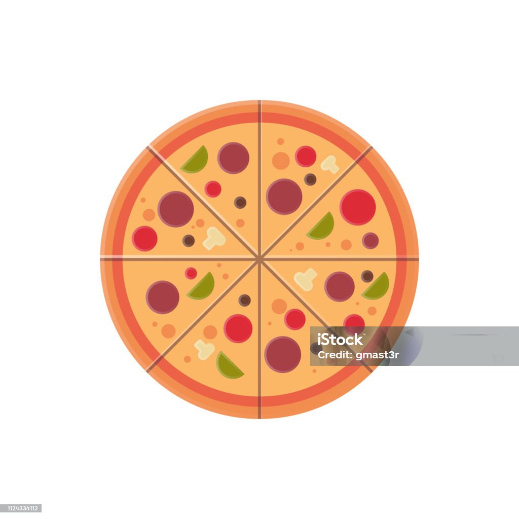 fette di pizza rotonda icona fast food concetto di menu isolato su sfondo bianco piatto - arte vettoriale royalty-free di Pizza