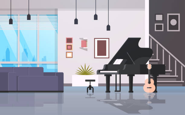 contemporary home hall musical instruments piano guitar empty house room modern apartment interior flat horizontal contemporary home hall musical instruments piano guitar empty house room modern apartment interior flat horizontal vector illustration piano room stock illustrations