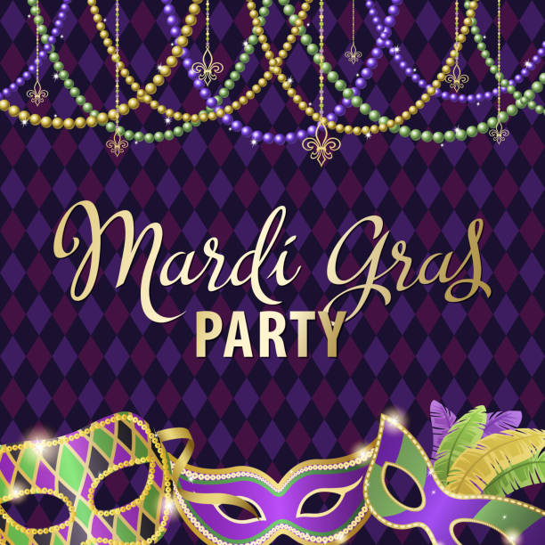 illustrazioni stock, clip art, cartoni animati e icone di tendenza di maschere per feste del martedì grasso - mardi gras mask bead fleur de lys