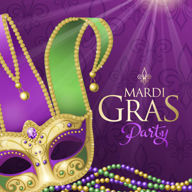 An invitation to the Mardi Gras party with Jester Mask and beads on the shiny purple colored background