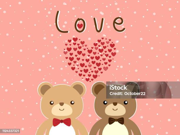 Vector Design Two Cute Brown Bear Doll Fall In Love And Happy Moment With Smile Face On Pastel Pink Background Decorated With Red Heart And White Snow Dot Look So Sweet For Valentine Wallpaper Stock Illustration - Download Image Now