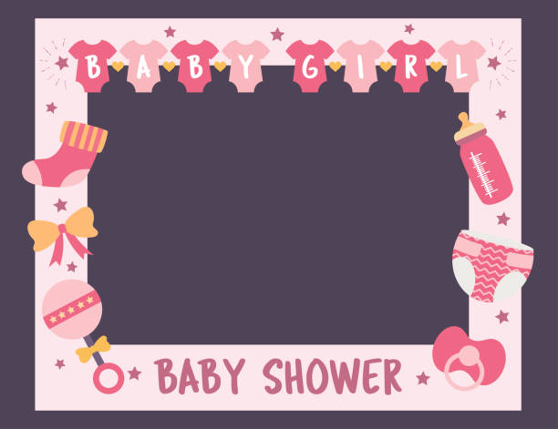 baby shower frame girl photo booth props Baby shower frame for girl. Photo booth props for birthday party. Nursery pink template design with bottle, sock, nipple. Good for invitation, banner, postcard bedroom borders stock illustrations