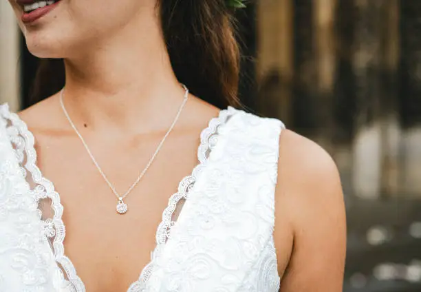 Photo of Close up of a bride with a diamond necklace