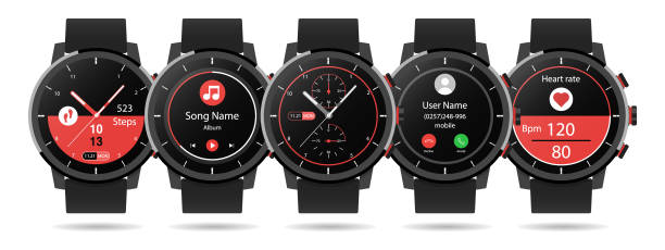 istock Set Smart watch Heart Rate Monitor Call Email Music Player Steps Vector Icon Illustration Concept 1124340615