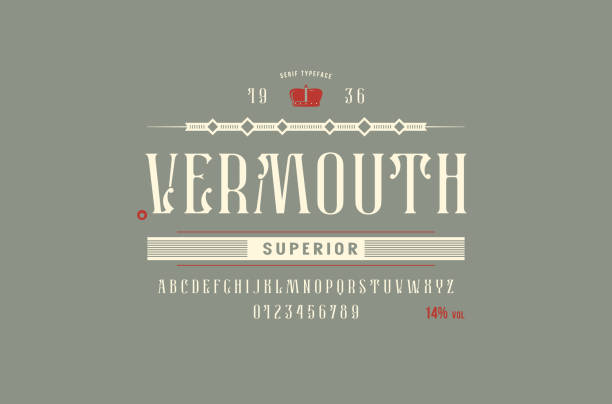 Stock vector narrow serif font Stock vector narrow serif font, alphabet, typeface. Vermouth label template. Letters and numbers for alcohol emblem and label design. Color print on gray background vermouth stock illustrations