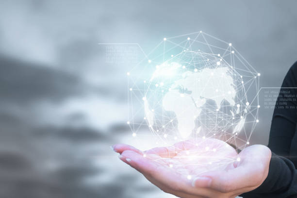 istock Businessman holding in hand with global connection concept. 1124341174