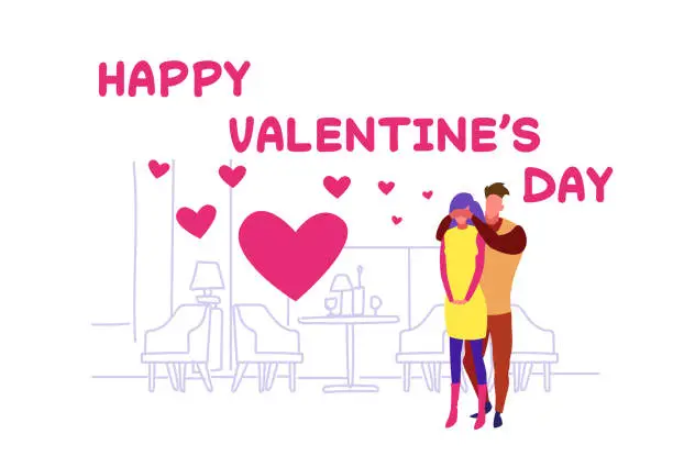 Vector illustration of man closing womans eyes playing guess who game happy valentines day couple in love over heart shapes modern cafe interior sketch doodle greeting card horizontal