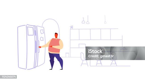 Hungry Man Opening Refrigerator Door Casual Guy Taking Food In Fridge Standing Modern Kitchen Interior Sketch Doodle Horizontal Vector Illustration Stock Illustration - Download Image Now