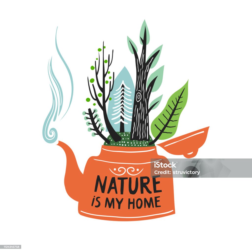 Vector hand-drawn illustration. Red teapot with forest growing inside and lettering Nature is my home. Art stock vector